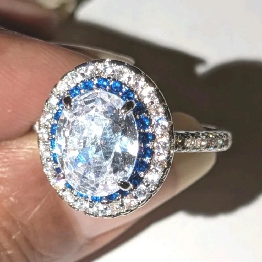 3Ct Blue Halo White Diamond Simulated Engagement Ring 14K White Gold Plated Sz 7
